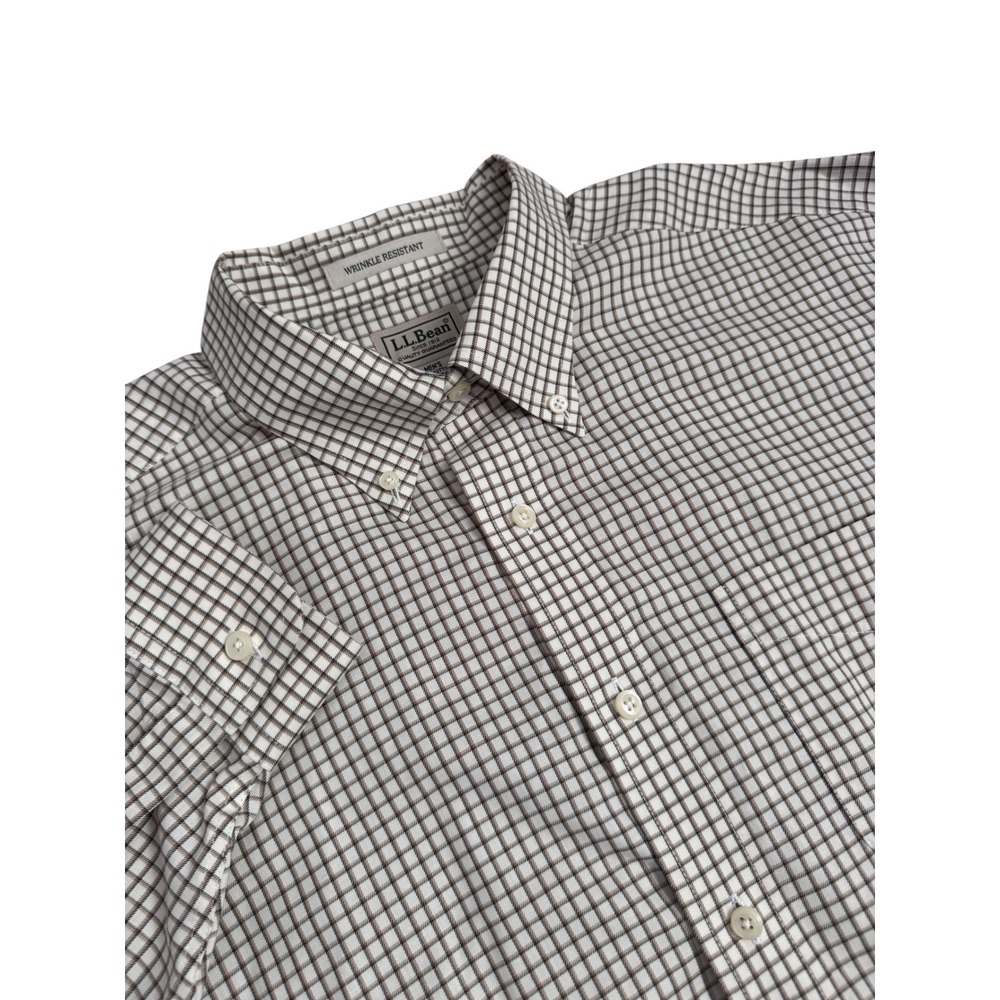 L.L. Bean Mens XL Regular Wrinkle Resistant Cotton Button Down Shirt Brown Check